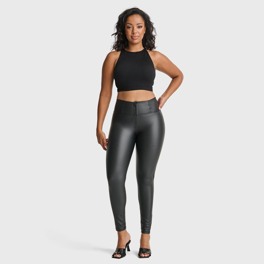 Ladies Highwaist Faux Leather Thermal Leggings with Zipper Black #H2265
