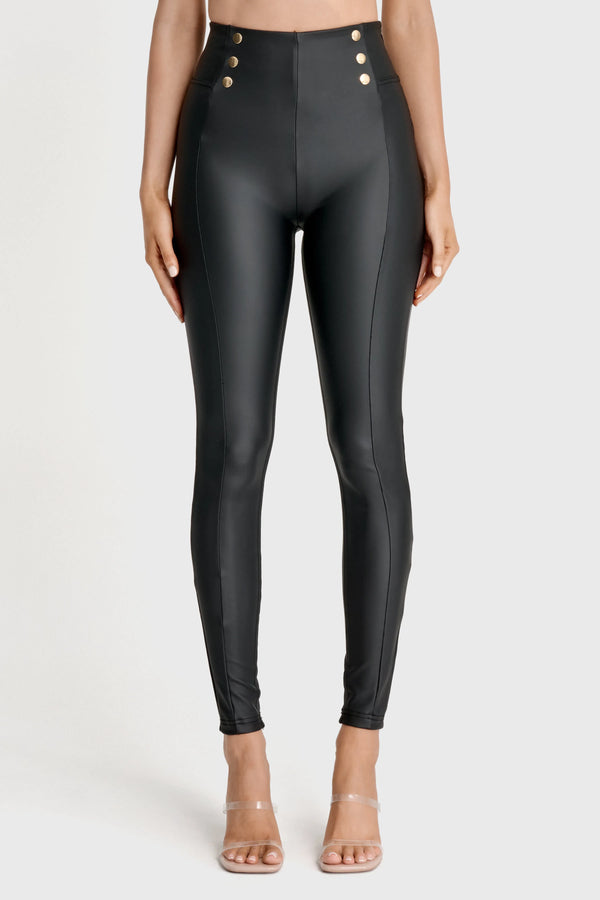WRUP Faux Leather with Button Detail - Super High Waisted - Full Length - Black