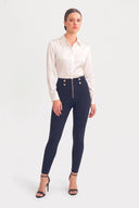 WRUP Military Button Detail Fashion - High Waisted - Ankle Length - Deep Blue