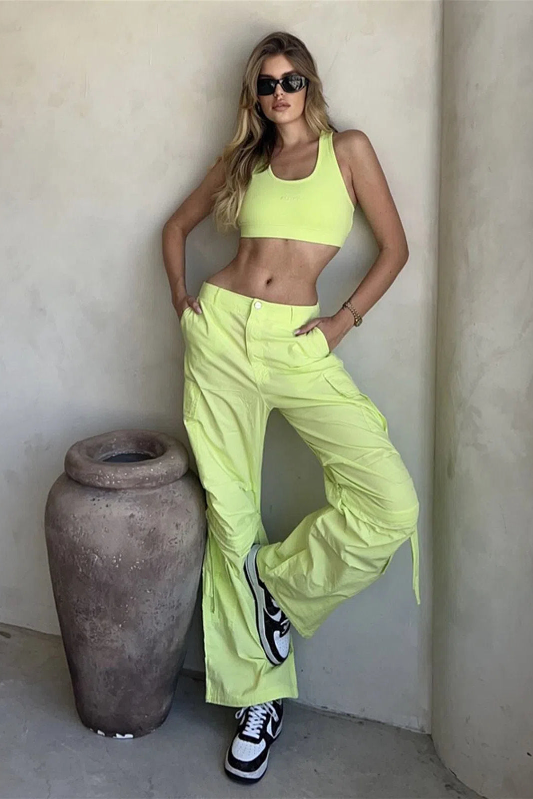 Cargo Pants - High Waisted - Full Length - Lime Green 2