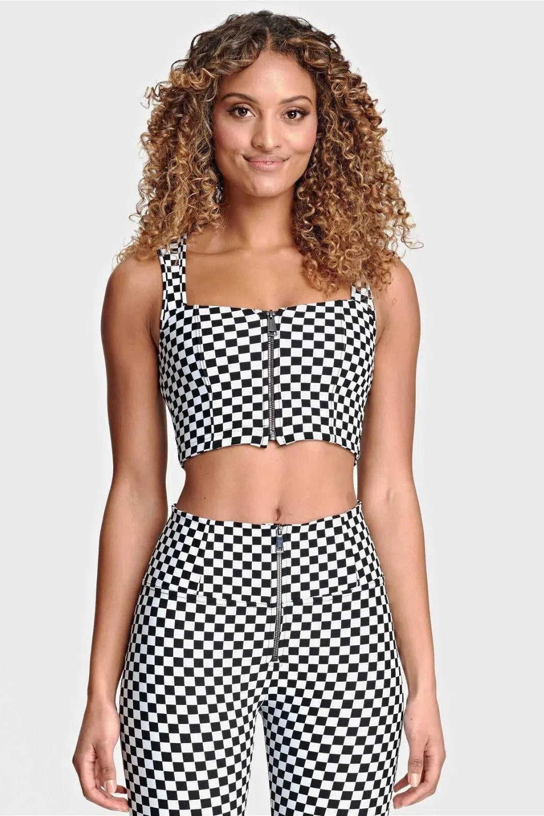 Checkered Crop Top with Zip - Black + White 2