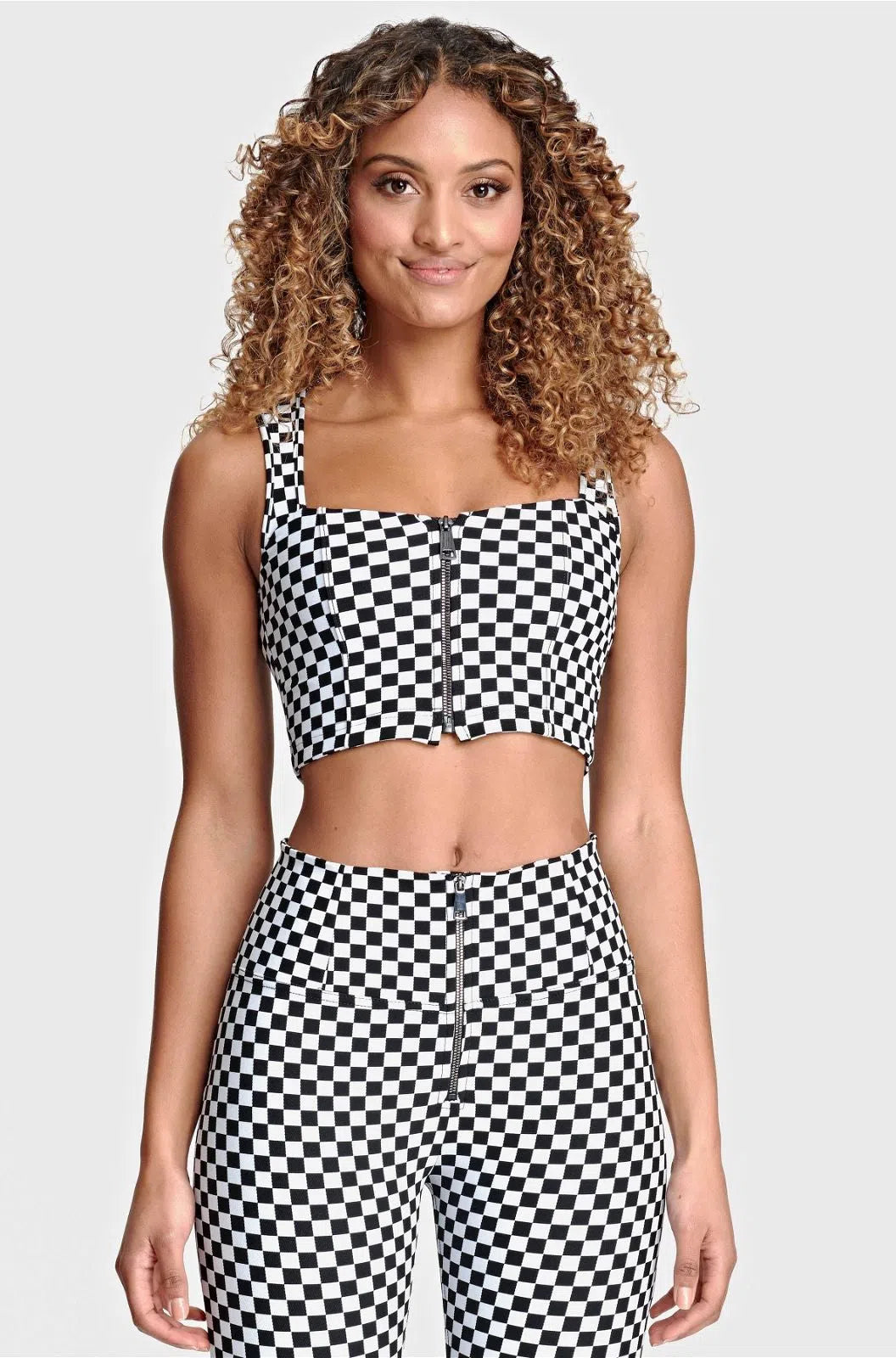 Checkered Crop Top with Zip - Black + White