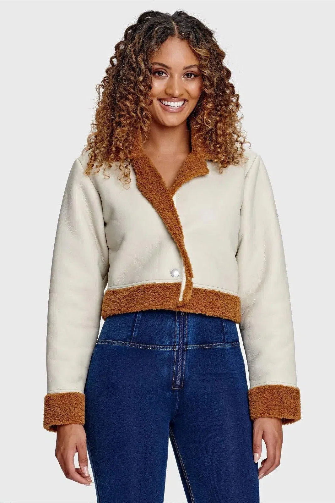 Cropped Faux Shearling Napa Jacket - Ivory Brown 2