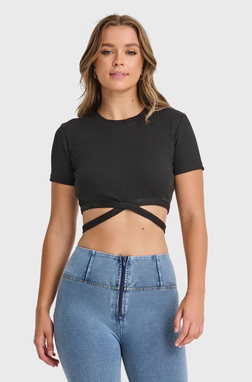 Cropped Wrap Around T Shirt - Black