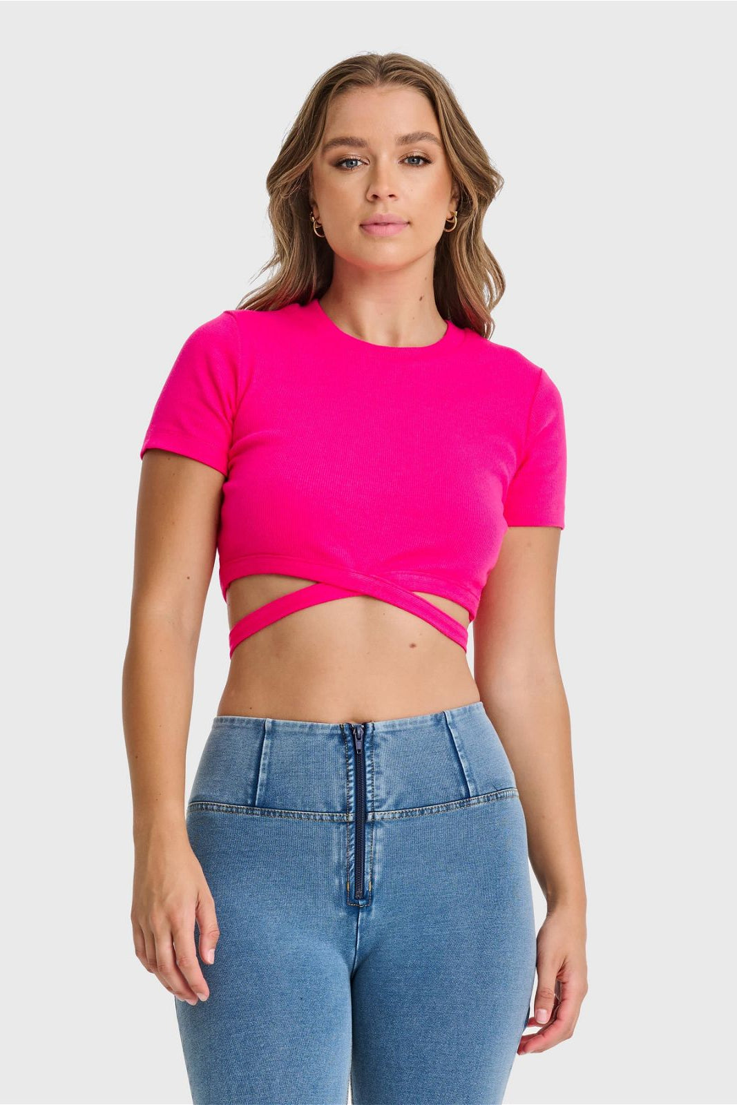 Cropped Wrap Around T Shirt - Pink 1