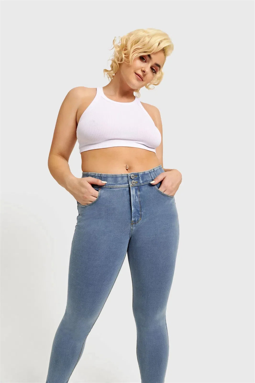 Light Blue + Yellow Stitching High Waisted Full Length N.O.W Light Blue + Yellow Stitching High Waisted Full Length N.O.W
