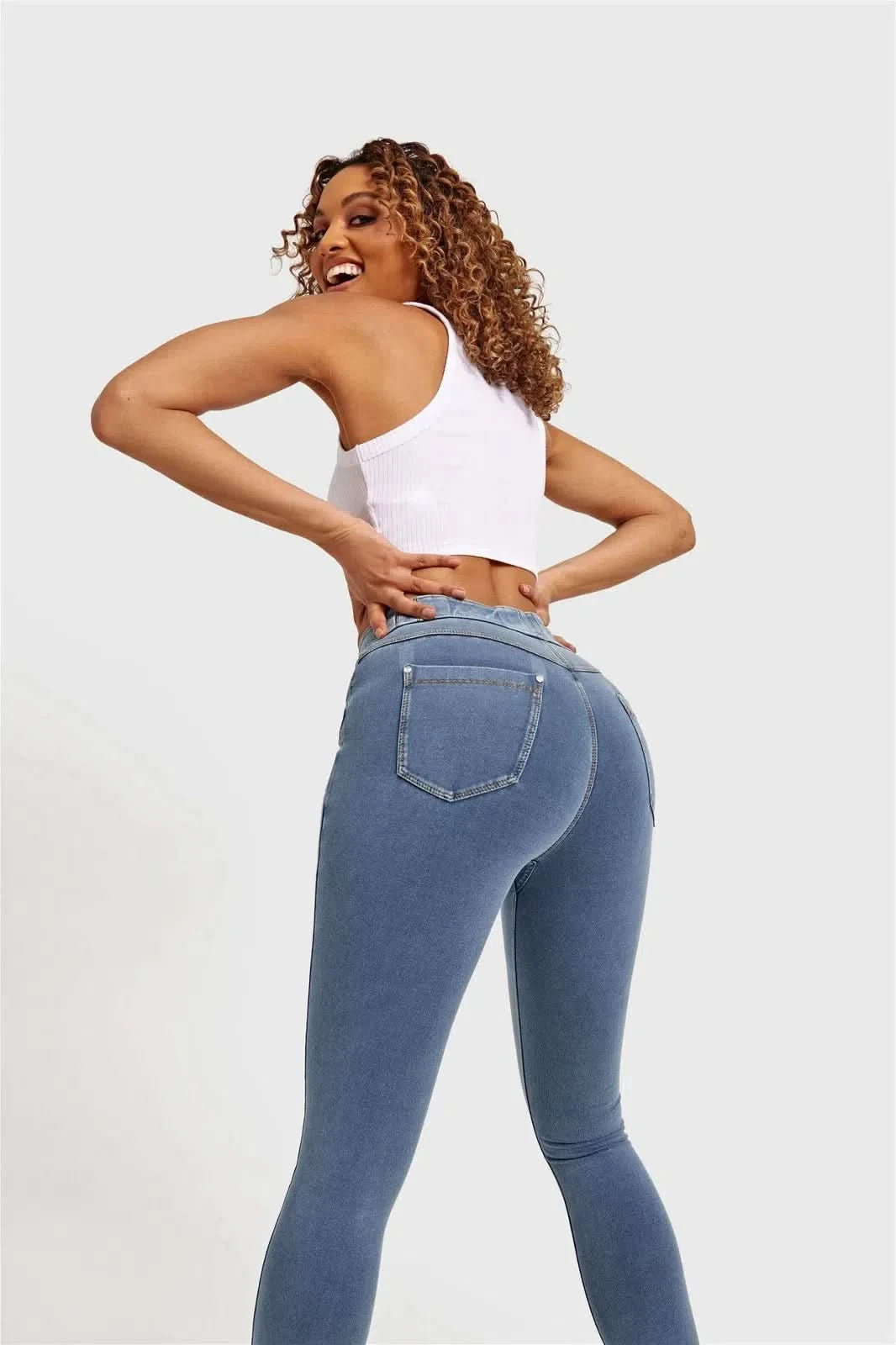 ★2024SS新作★WOOALONG★Non-fade curve stitch denim pants N.O.W® Denim - High Waisted - Full Length - Light Blue +