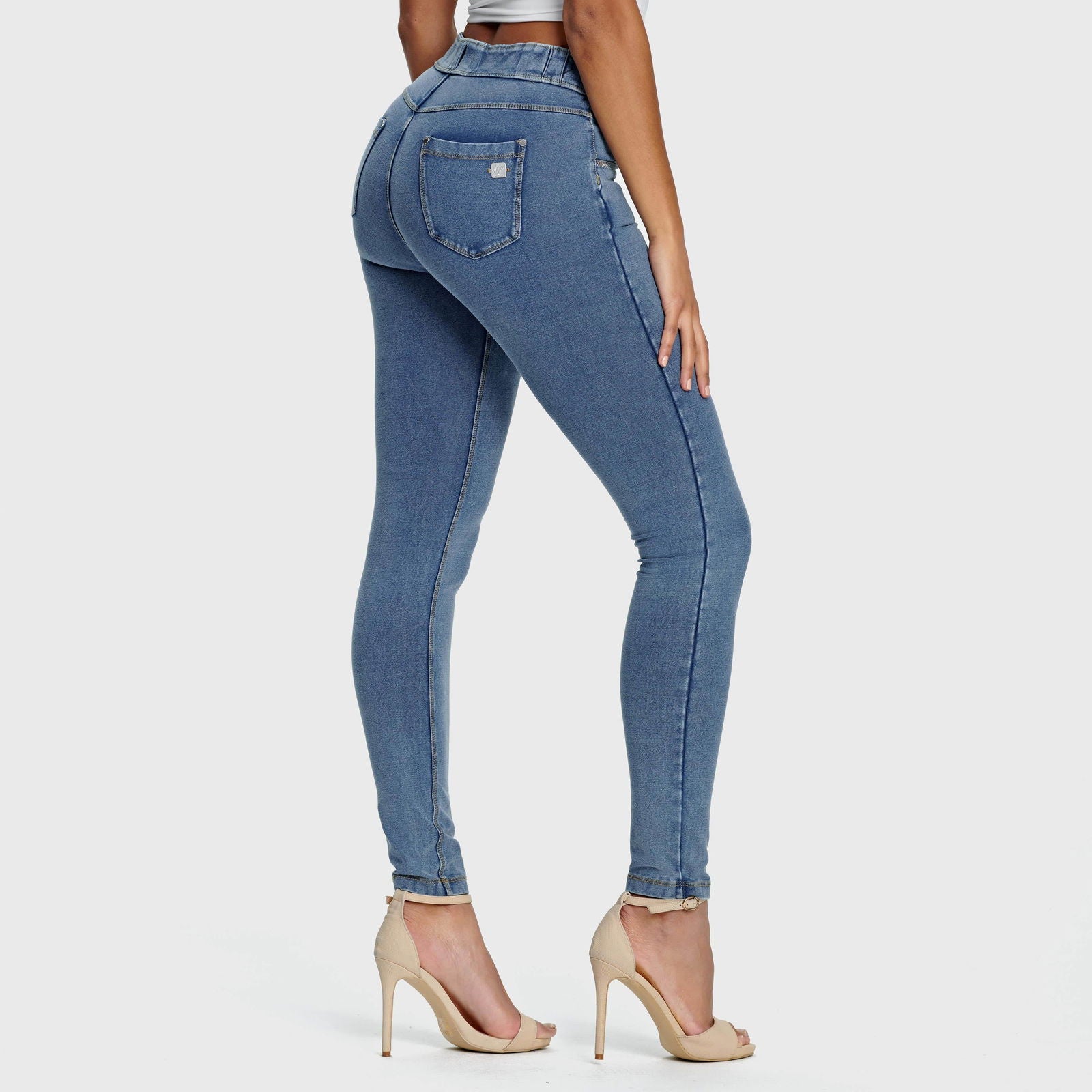 N.O.W® Denim - High Waisted - Full Length - Light Blue + Yellow Stitch -  Freddy USA