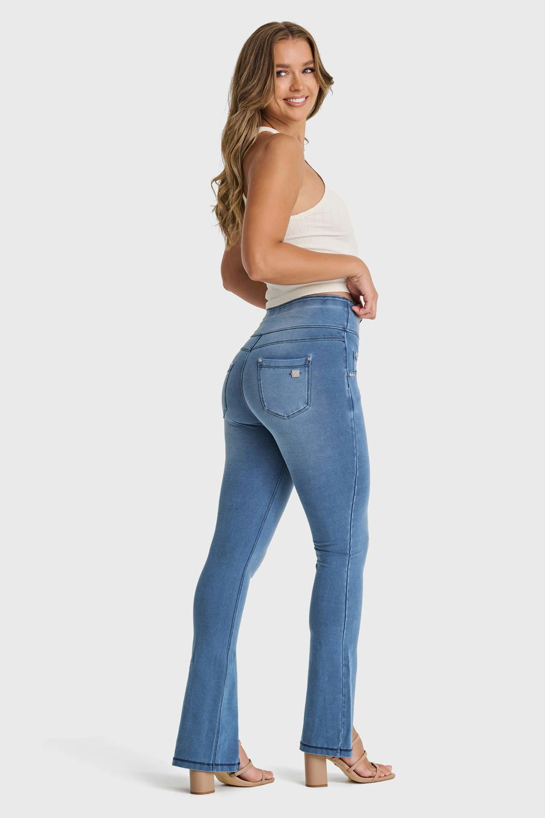 N.O.W® Denim - High Waisted - Petite Flare - Light Blue + Blue Stitching 2