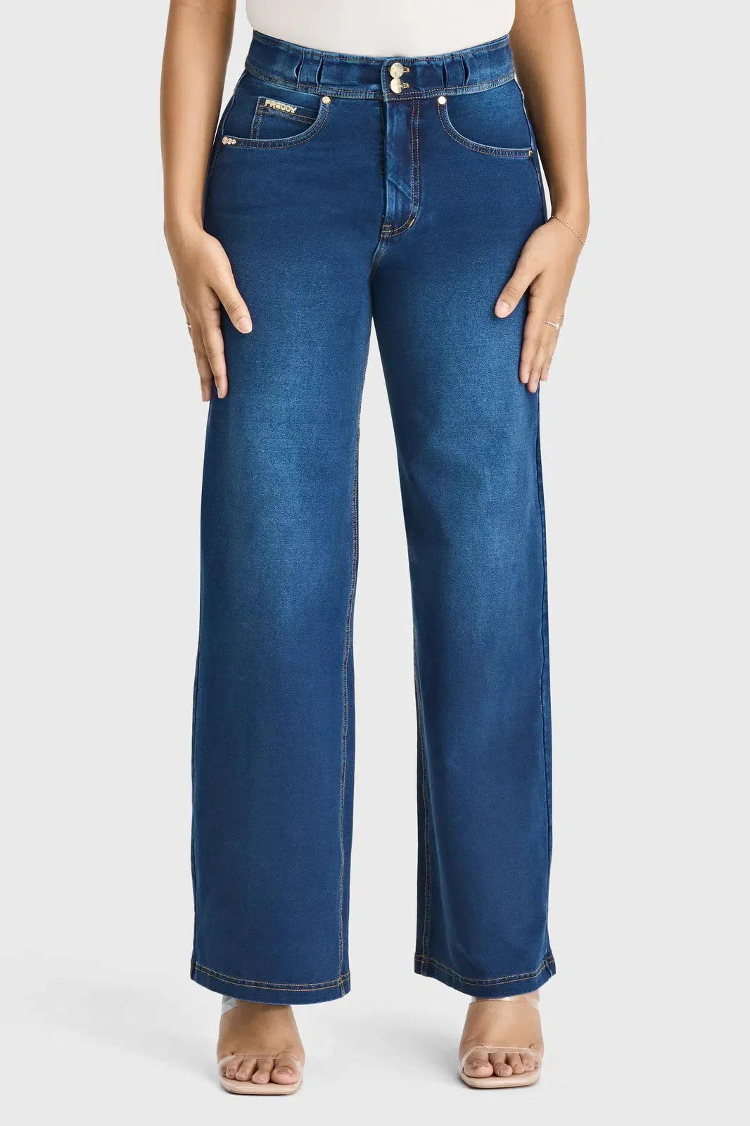 Dark Blue + Yellow Stitching High Waisted Wide Leg N.O.W