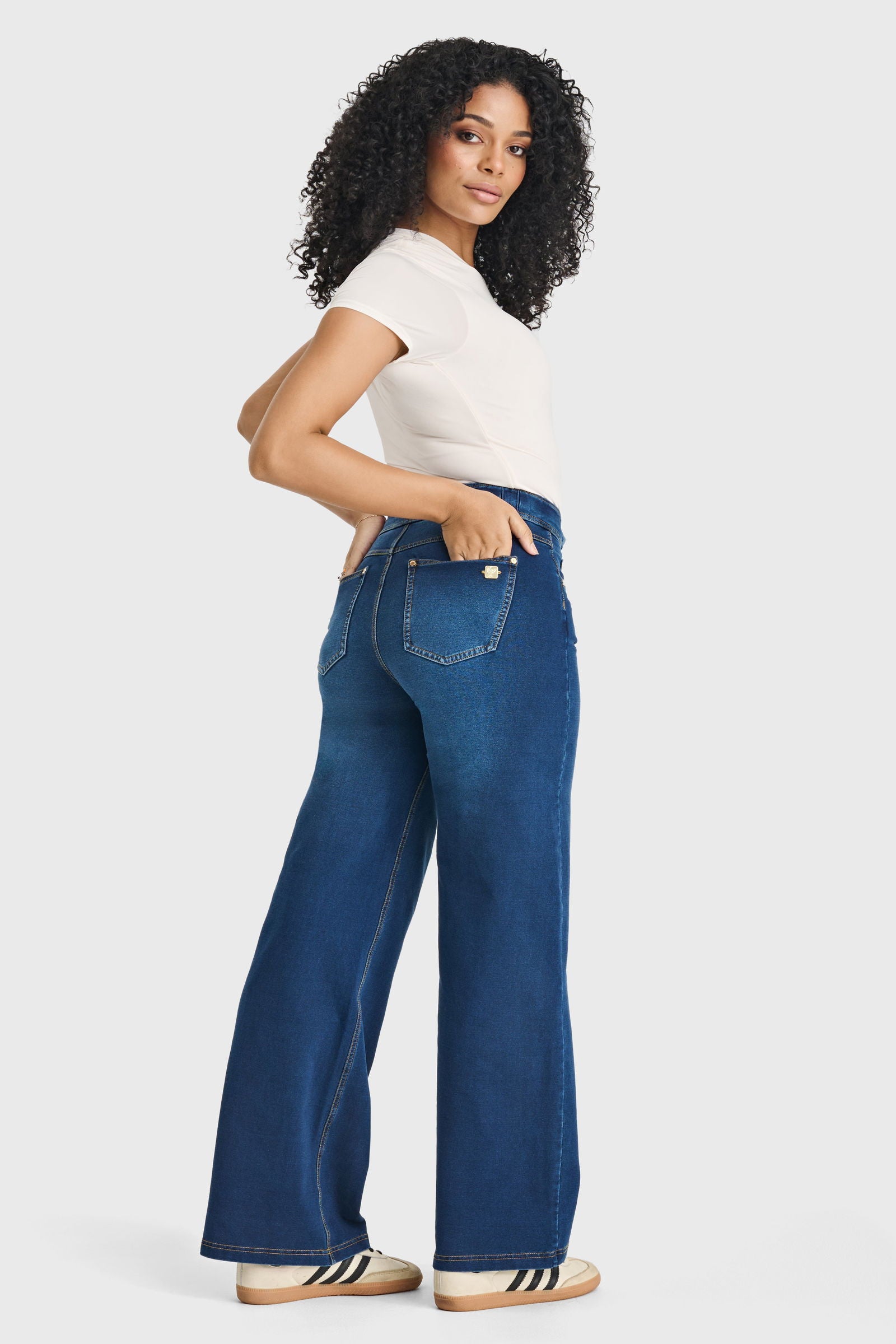 N.O.W® Denim Limited Edition - High Waisted - Wide Leg - Dark Blue + Yellow Stitching 1