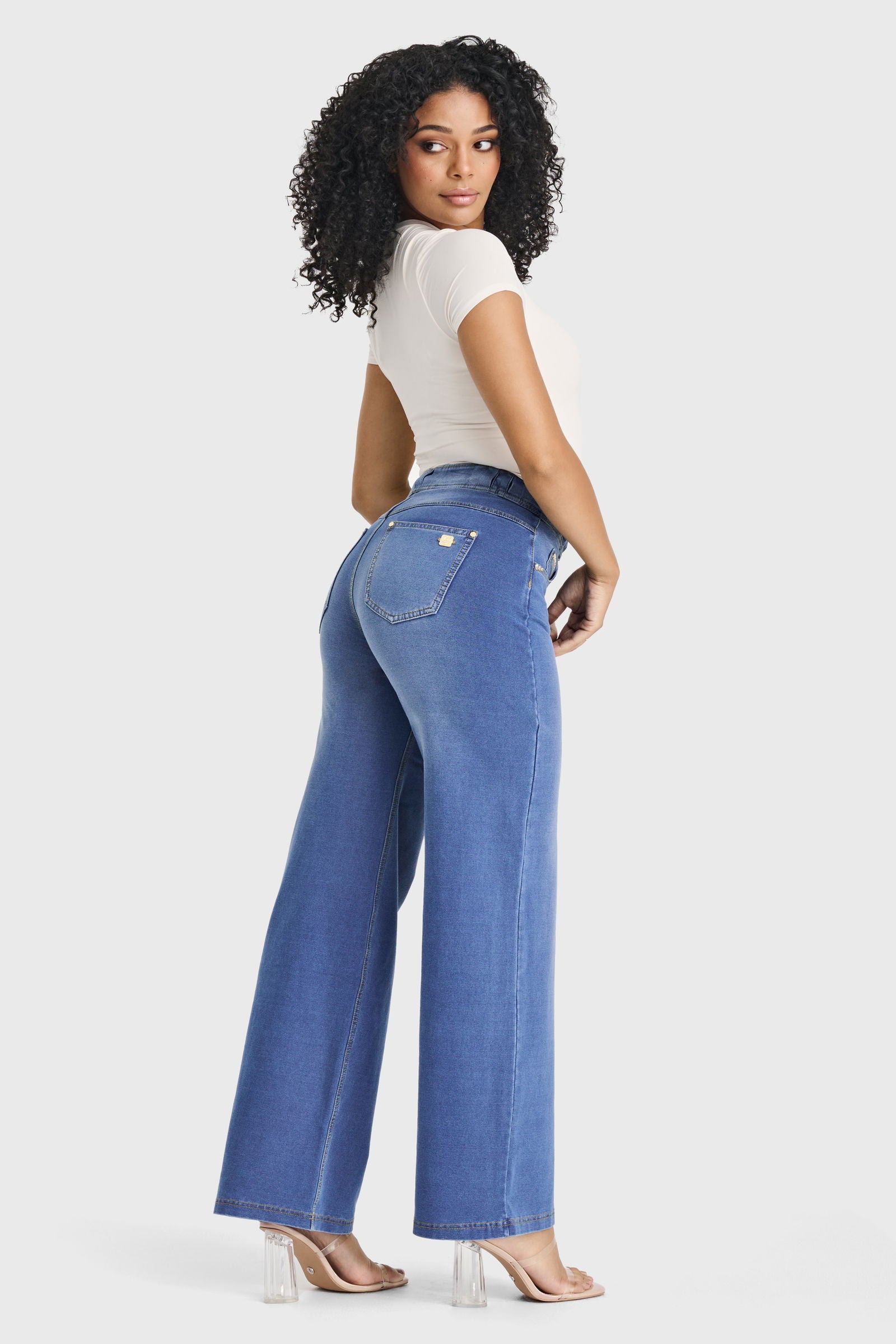 N.O.W® Denim Limited Edition - High Waisted - Wide Leg - Light Blue + Yellow Stitching 2