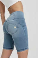 WRUP Denim - High Waisted - 3 Button Biker Shorts - Light Blue + Blue Stitching