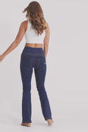 WRUP Denim with Front Pockets - Super High Waisted - Flare - Dark Blue + Yellow Stitching
