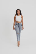 WRUP SNUG Ripped Jeans - High Waisted - Petite Length - Blue Stonewash + Yellow Stitching