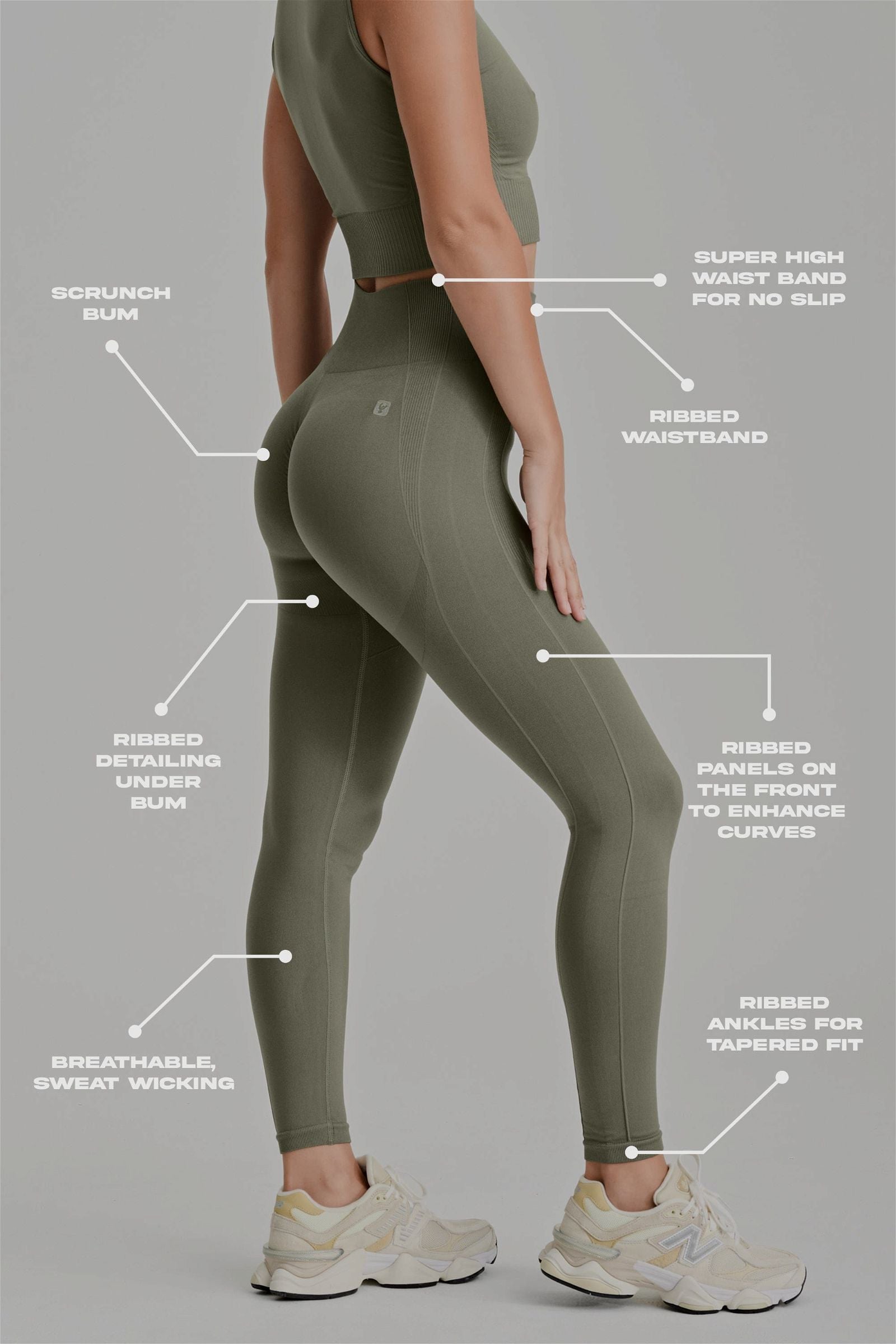 Seamless Active Leggings - High Waisted - Petite Length - Military Green 2