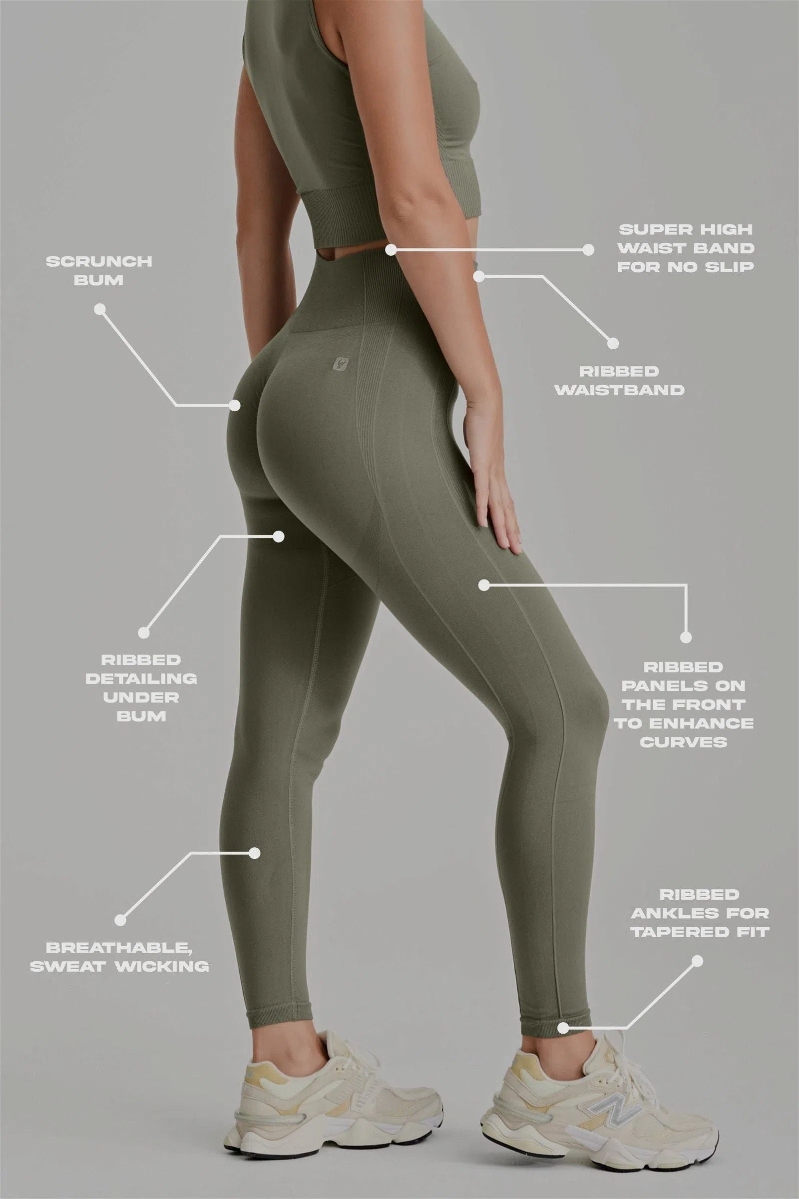 Seamless Active Leggings - High Waisted - Petite Length - Military Green 2