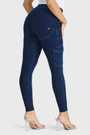 WRUP Cargo Denim - High Waisted - Petite Length - Dark Blue + Blue Stitching