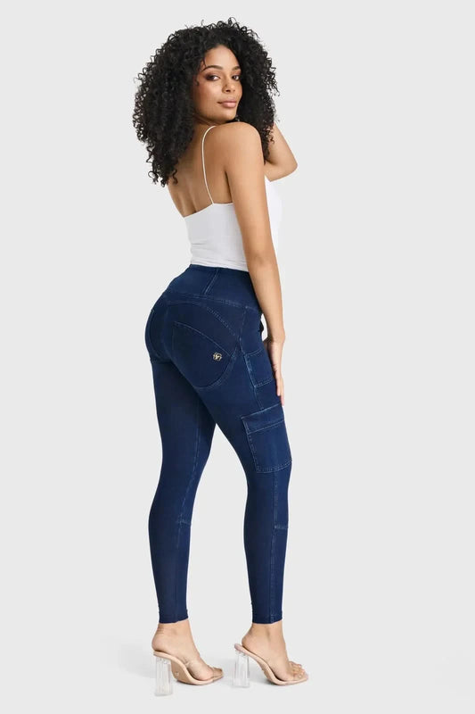 WRUP Cargo Denim - High Waisted - Ankle Length - Dark Blue + Blue Stitching
