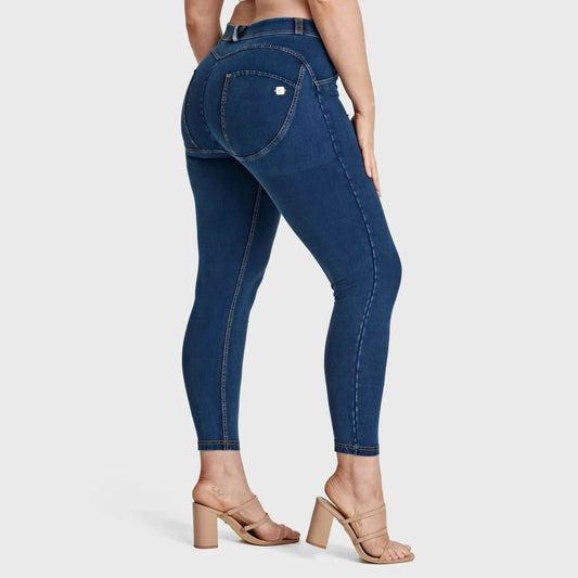 WRUP Curvy Denim - High Waisted - Ankle Length - Dark Blue + Yellow Stitching