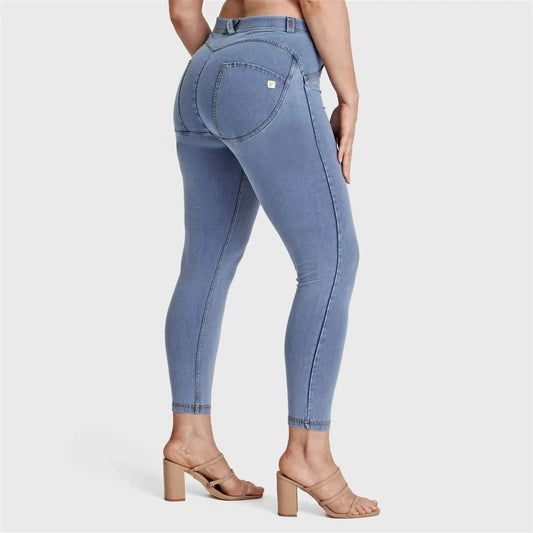 WRUP Curvy Denim - High Waisted - Ankle Length - Light Blue + Yellow Stitching