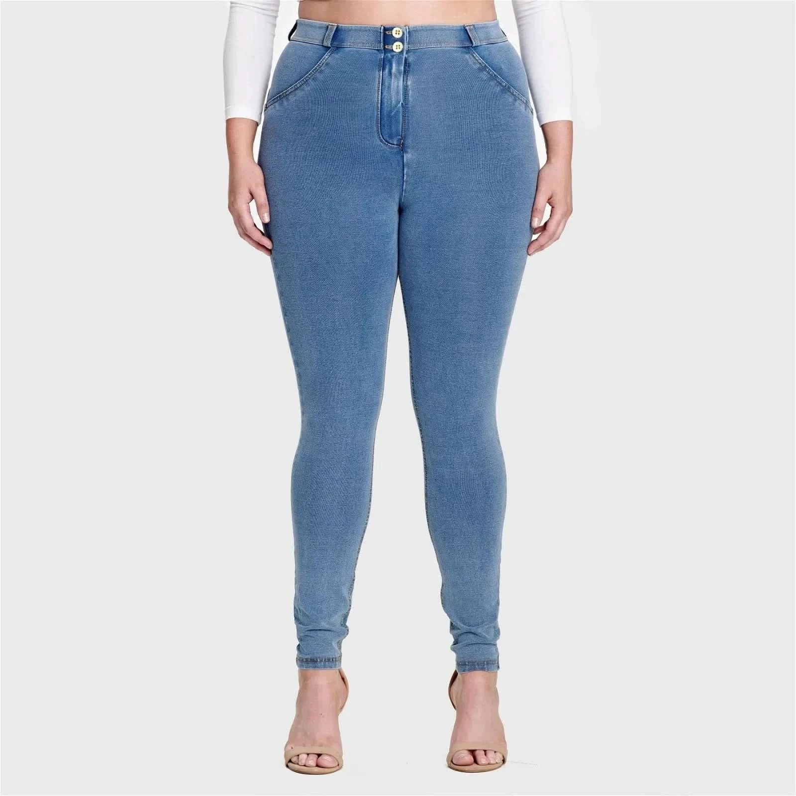 無料配送 ◆ OPEN_YY ◆ CURVED JEANS WRUP Curvy Denim - High Waisted - Full Length - Light Blue +