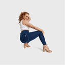 WRUP Curvy Denim - Zip High Waisted - Petite Length - Dark Blue + Yellow Stitching