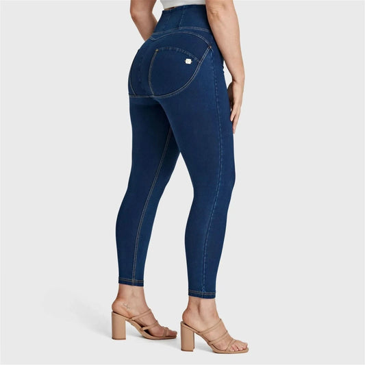 WRUP Curvy Denim - Zip High Waisted - Ankle Length - Dark Blue + Yellow Stitching