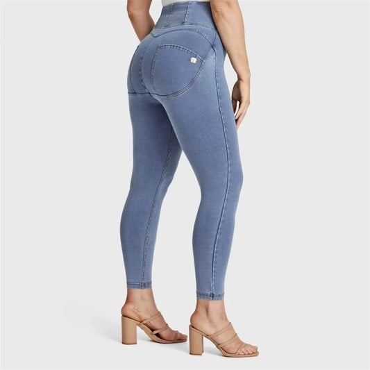 WRUP Curvy Denim - Zip High Waisted - Ankle Length - Light Blue + Yellow Stitching