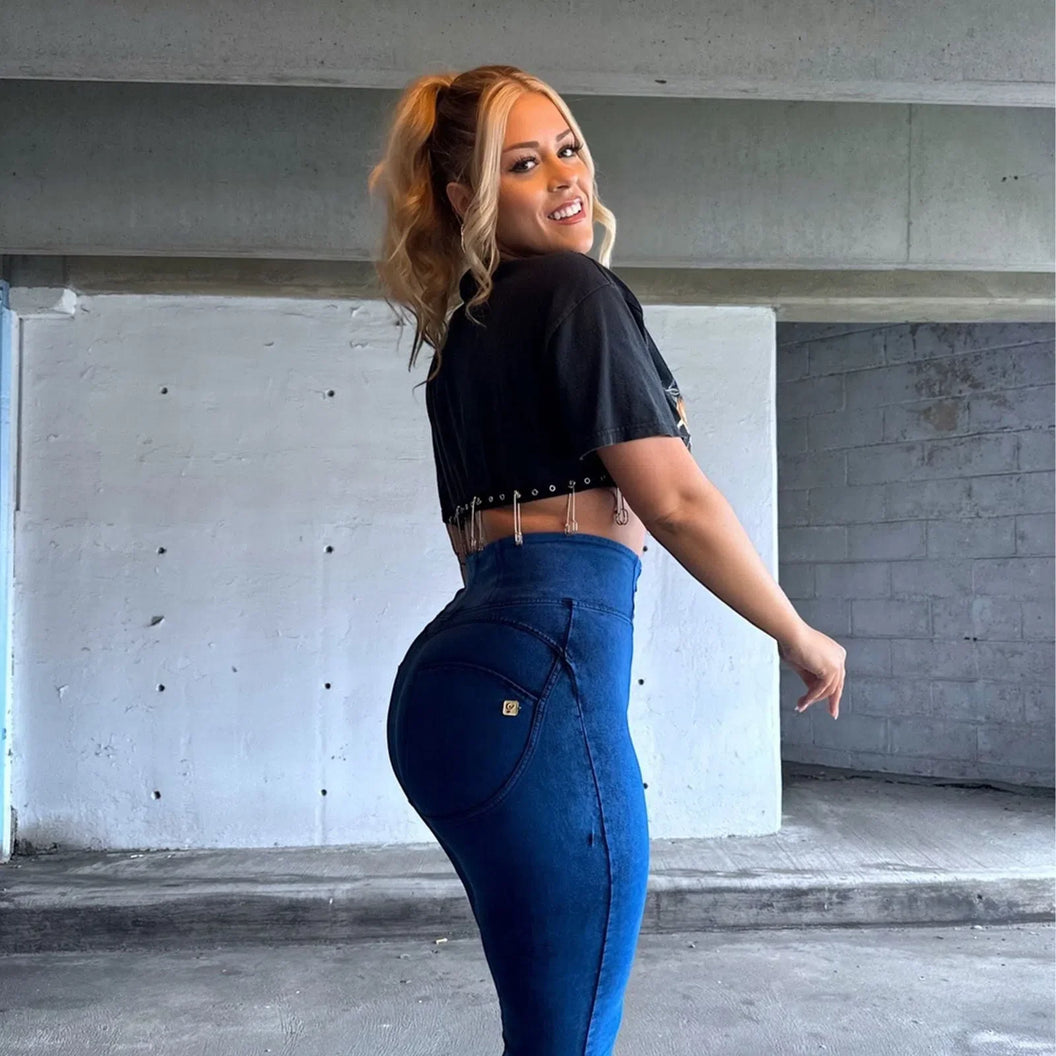 WRUP Curvy Denim - Zip High Waisted - Full Length - Cobalt Blue + Blue Stitching
