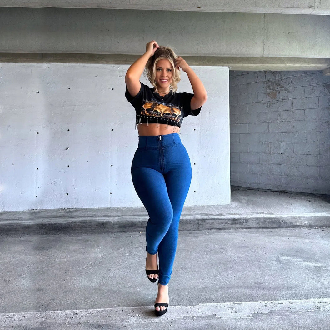 WRUP Curvy Denim - Zip High Waisted - Full Length - Cobalt Blue + Blue Stitching
