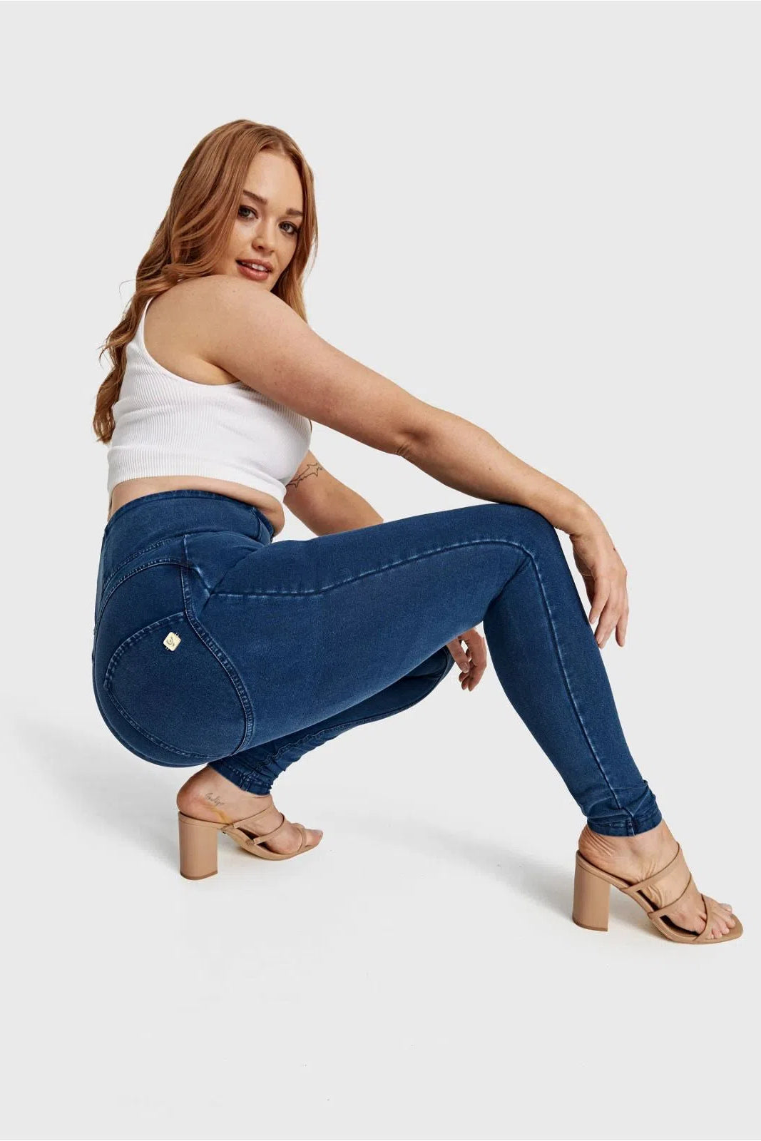 WR.UP® Curvy Denim - Zip High Waisted - Full Length - Dark Blue + Blue Stitching 3