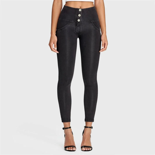 WRUP Denim - 3 Button High Waisted - Ankle Length - Black + Black Stitching