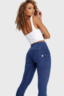 WRUP Denim - 3 Button High Waisted - Petite Length - Dark Blue + Blue Stitching
