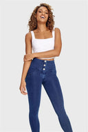 WRUP Denim - 3 Button High Waisted - Petite Length - Dark Blue + Blue Stitching