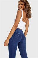 WRUP Denim - 3 Button High Waisted - Petite Length - Dark Blue + Blue Stitching