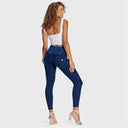 WRUP Denim - 3 Button High Waisted - Petite Length - Dark Blue + Blue Stitching