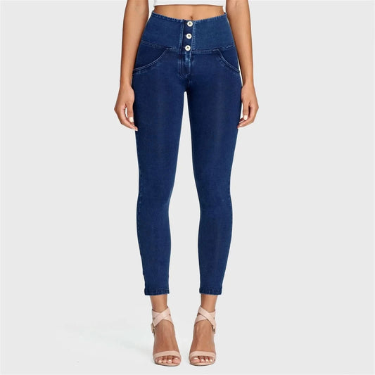 WRUP Denim - 3 Button High Waisted - Ankle Length - Dark Blue + Blue Stitching