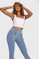 WRUP Denim - 3 Button High Waisted - Petite Length - Light Blue + Yellow Stitching