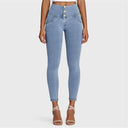 WRUP Denim - 3 Button High Waisted - Petite Length - Light Blue + Yellow Stitching