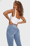 WRUP Denim - 3 Button High Waisted - Petite Length - Light Blue + Yellow Stitching