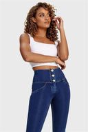WRUP Denim - 3 Button High Waisted - Full Length - Dark Blue + Yellow Stitching