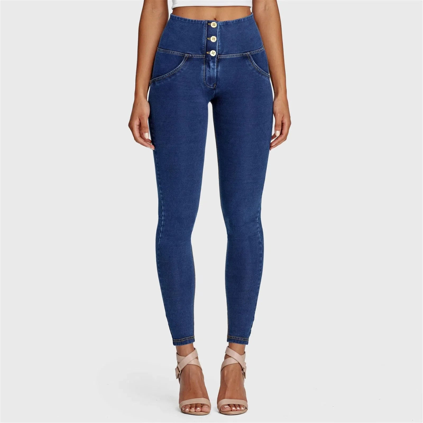 Denim WR.UP® - Cintura alta con 3 botones - Largo completo - Azul oscuro + Costuras amarillas 1