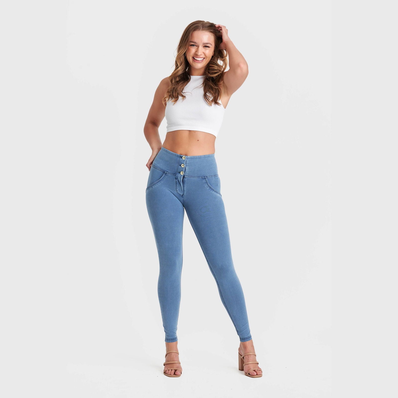 WR.UP® Denim - 3 Button High Waisted - Full Length - Light Blue + Blue Stitching 3