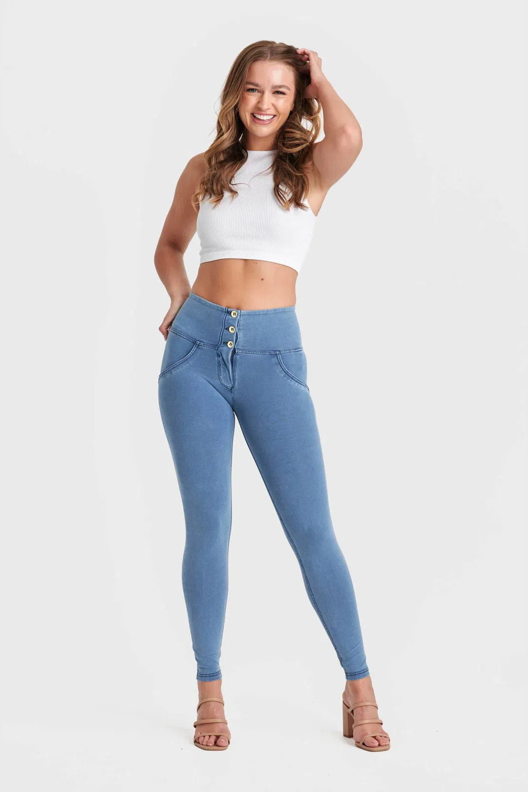 WR.UP® Denim - 3 Button High Waisted - Full Length - Light Blue + Blue Stitching 3