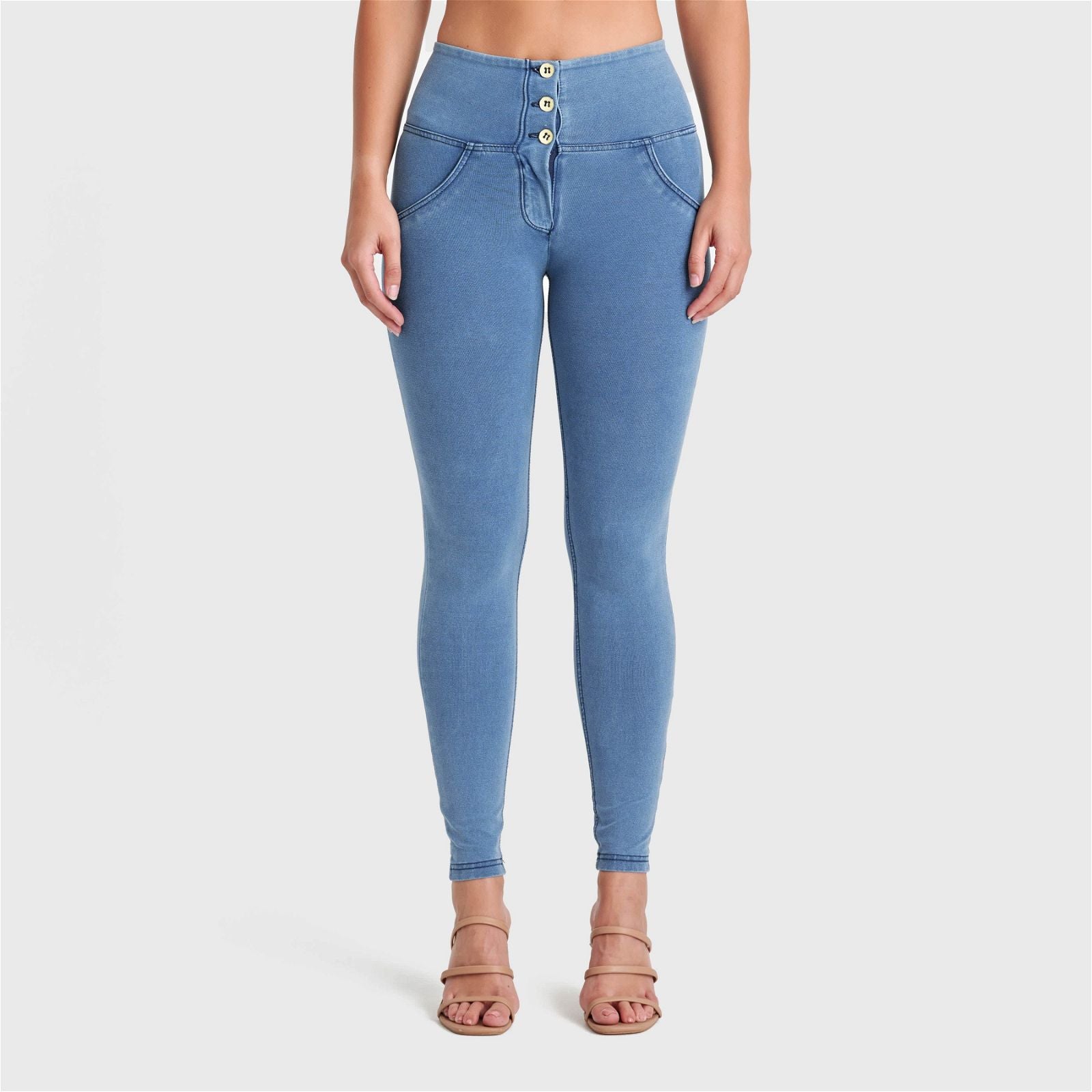 WR.UP® Denim - 3 Button High Waisted - Full Length - Light Blue + Blue Stitching 1