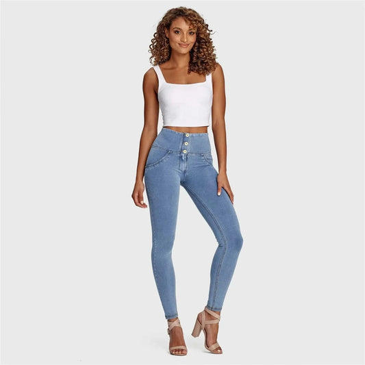 WRUP Denim - 3 Button High Waisted - Full Length - Light Blue + Yellow Stitching