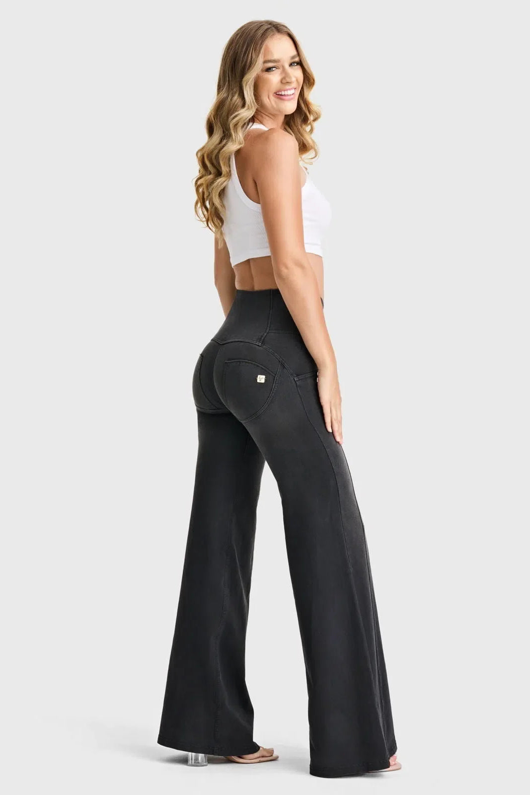 WR.UP® Denim - 3 Button High Waisted - Palazzo Flare - Black + Black Stitching 3