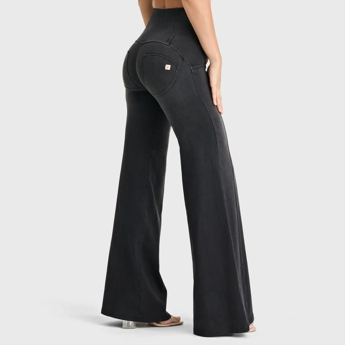 Black + Black Stitching 3 Button High Waisted Palazzo Flare Black + Black Stitching 3 Button High Waisted Palazzo Flare
