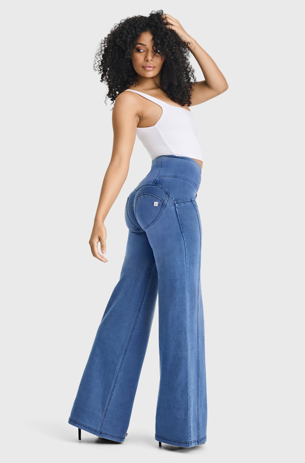 WR.UP® Denim - 3 Button High Waisted - Palazzo Flare - Light Blue + Blue Stitching